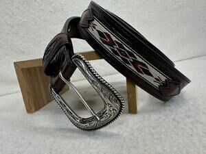 Western Brown Leather Belt Tooled Basketweave Embroidered Keeps & Conchos SZ 42